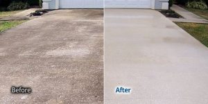 before and after pic of a pressure washed surface